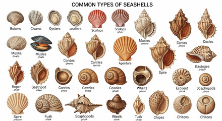 Educational Chart of Common Seashell Types and Marine Mollusk Shells © infah
