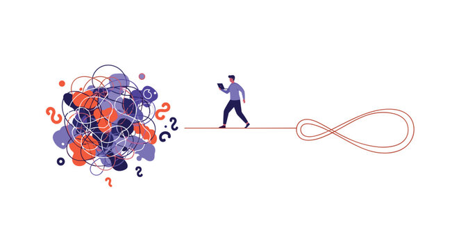 Focused man walks from a chaotic tangle of lines toward a structured infinity symbol representing the path to endless business clarity.