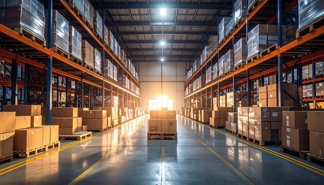 Expansive warehouse interior filled with stacked cardboard boxes on shelving units, lit from a distant central source