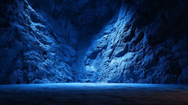 Dramatic Blue Cave Interior with Textured Rock Walls and Spotlight Effect, Mysterious and Atmospheric Background for Design Projects