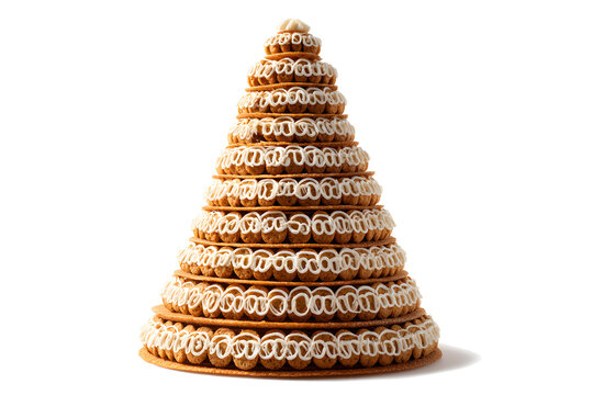 Exquisite Norwegian Kransekake Cake in Towering Wreath Design Isolated on White Background for Festive Occasions