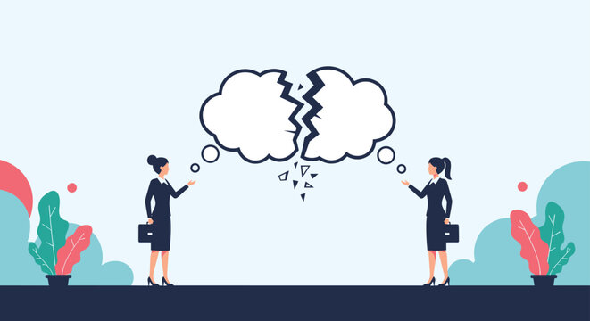 Illustration of a disagreement or broken communication between two professional women represented by a cracked thought bubble.