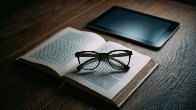 Minimalist Dark Oak Desk in a Library Setting With an Open Book and Various Reading Tools in Moody Light