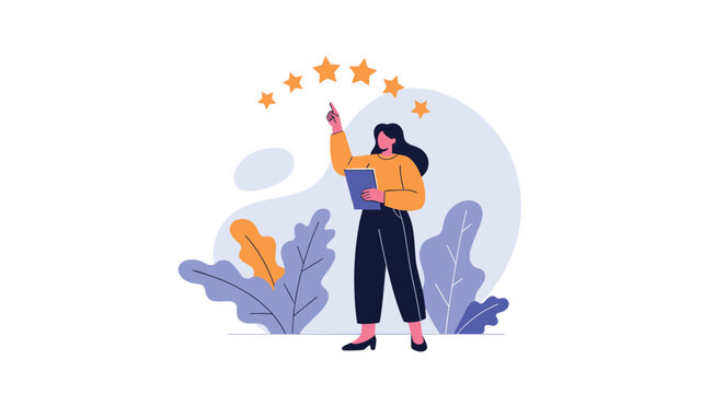 Professional woman with a tablet pointing at five glowing stars representing a top rating and excellent customer service.