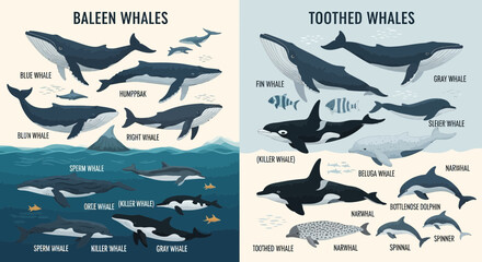 Educational Poster Comparing Baleen and Toothed Whales Species © infah