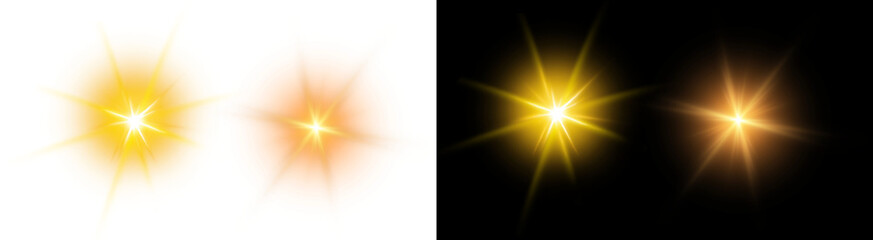 PNG image of Bright golden and warm orange light effects with starburst and glowing lens flare designs on transparent background. © rehena