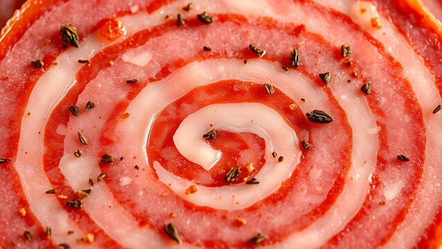 yanked. Close-up of a mortadella slice showing its marbled pattern of meat and fat. menu design, packaging mockups, designed for food delivery and cloud-kitchen brand materials, used by hr managers.