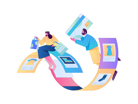 Holiday shopping people doing e-commerce online shopping flat vector concept operation hand drawn illustration
