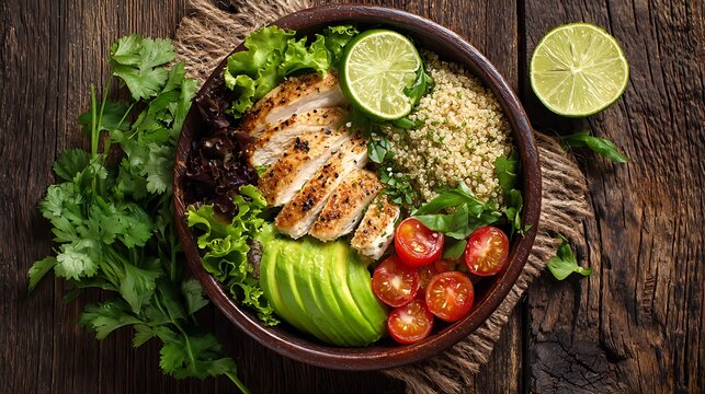 Vibrant Quinoa Salad Bowl with Grilled Chicken, Avocado, Cherry Tomatoes & Lime on Rustic Wood Background - Healthy & Fresh Meal