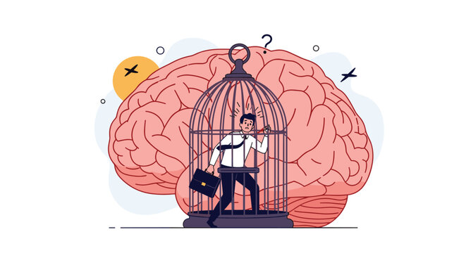 Professional man trapped inside a birdcage in front of a massive human brain to represent mental health and feeling stuck in thoughts.