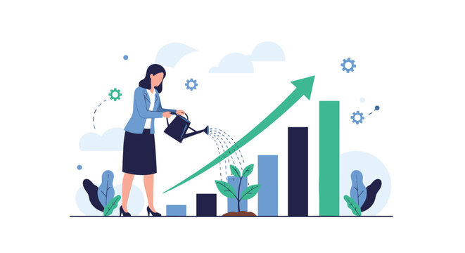 Businesswoman watering a growing bar chart like a plant to symbolize financial nurturing, investment, and steady business growth.