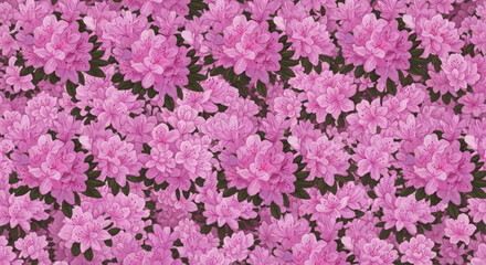 Fototapeta premium Vibrant pink flowers densely fill the frame with lush green leaves, creating a stunning floral pattern with a soft, romantic mood