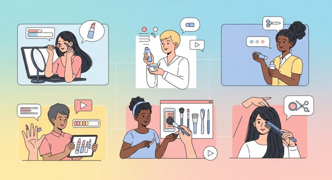 Illustration of people communicating and working with technology in various colorful settings