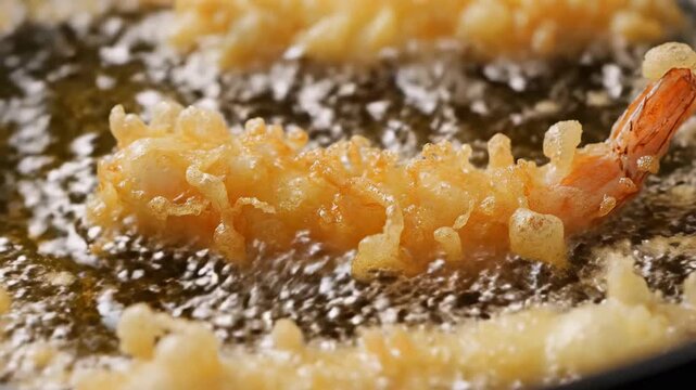 Close up of shrimp tempura deep frying in hot bubbling oil