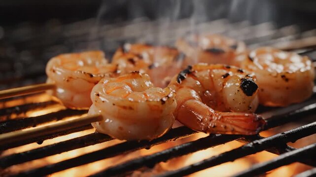 Grilled shrimp skewers cooking over an open fire on a BBQ grill