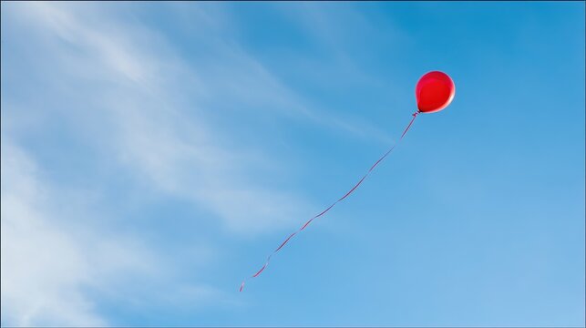 untied. A single red balloon floating upwards in a clear blue sky, its untied string gently swaying. wellbeing guides.