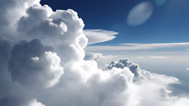 Vast fluffy clouds in the sky, creating a breathtaking aerial view. The clouds have a textured, and layered appearance against a vibrant blue sky.