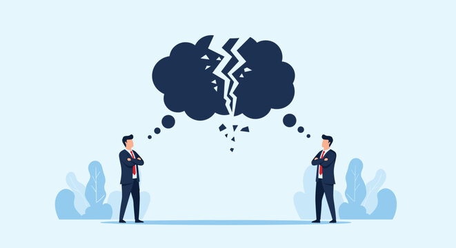 Two professional men standing with crossed arms facing away from each other with a shattered dark thought bubble.