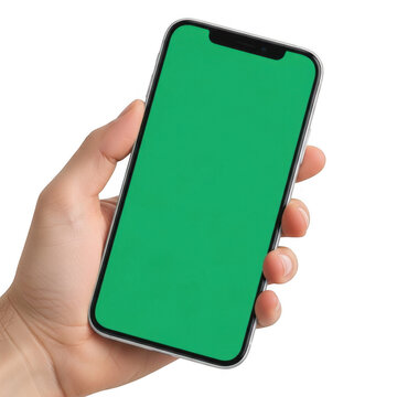 A person is holding a modern smartphone device with a bright green screen which is perfect for displaying custom content or adding new digital overlays onto it,png