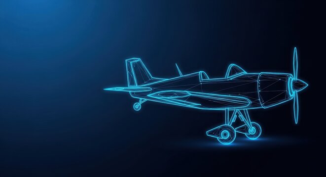 Neon outline of a vintage propeller airplane in flight against a dark blue background