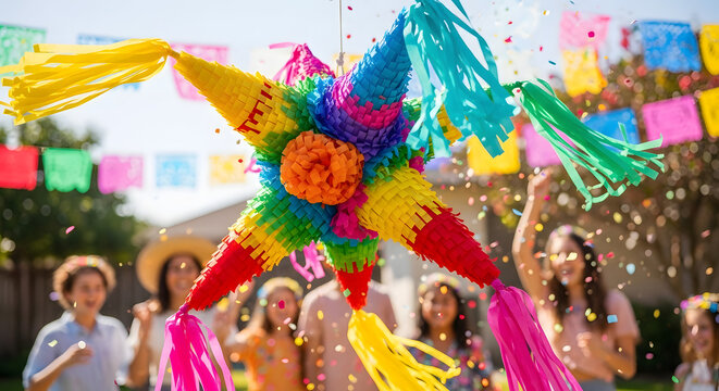 Colorful pi&ntilde;ata party celebration scene, vibrant traditional star-shaped pi&ntilde;ata hangi during Holiday celebrations featuring street decoration trees while enjoying the festive carnival culture.