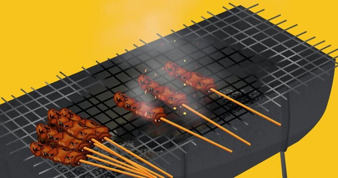 barbecue grill with flames on yellow background