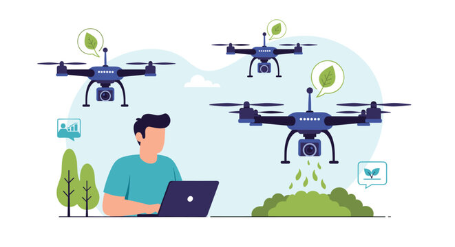 Modern farmer uses a laptop to control multiple agricultural drones for smart monitoring and efficient crop management in a field.