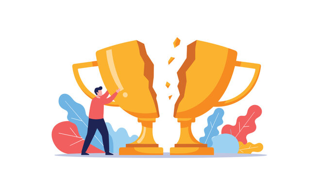Resilient man attempting to repair a large broken golden trophy cup symbolizes effort to recover from failure and regain lost success.
