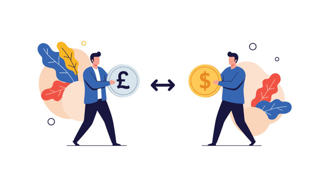 Two professional men exchanging a large pound coin and dollar coin represents international trade and foreign currency exchange operations.