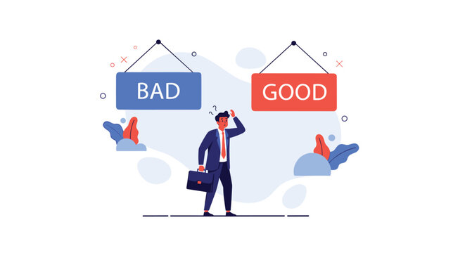 Pensive businessman standing between signs labeled bad and good illustrates the moral dilemmas and critical decisions faced in business.