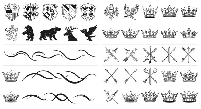 Heraldic symbols and royal crests with shields animals swords and arrows