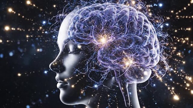 Futuristic digital human head and glowing neural brain network representing deep machine learning and artificial intelligence technology concept for advanced cognition and computing.