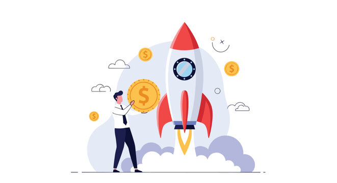 Professional man holding a gold coin next to a launching rocket signifies the heavy financial investment required for a new startup.