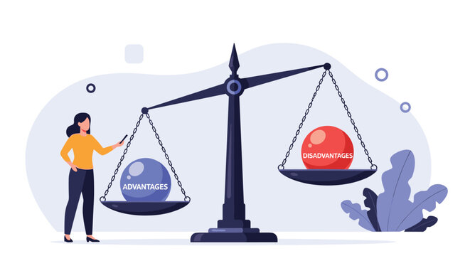 Woman in professional attire standing beside a large balance scale comparing various advantages and disadvantages of a business decision.