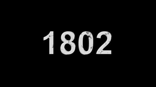 Vintage 1802 number animation on black background. Old film style historical year loop. White 1802 number text on black background. Minimal countdown or year concept animation.