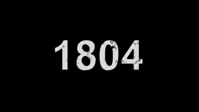 Vintage 1804 number animation on black background. Old film style historical year loop. White 1804 number text on black background. Minimal countdown or year concept animation.