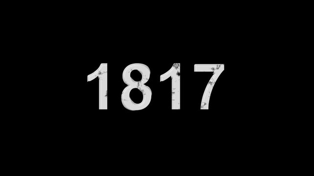 Vintage 1817 number animation on black background. Old film style historical year loop. White 1817 number text on black background. Minimal countdown or year concept animation.