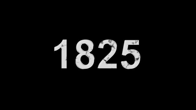Vintage 1825 number animation on black background. Old film style historical year loop. White 1825 number text on black background. Minimal countdown or year concept animation.