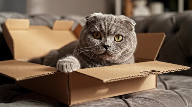 A scottish fold cat is sitting inside a cardboard box on a gray couch looking curious and alert