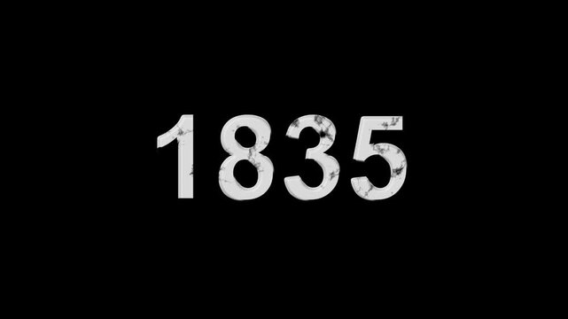 Vintage 1835 number animation on black background. Old film style historical year loop. White 1835 number text on black background. Minimal countdown or year concept animation.