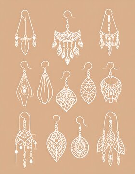Line art of ten ornamental, dangling earrings in various geometric, boho, and tribal designs on a solid tan background