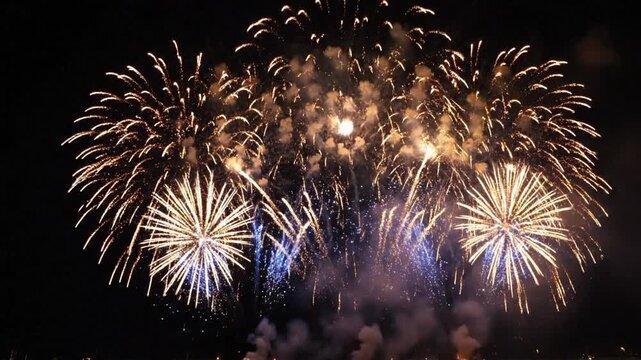 Shimmering azure and golden firework atmosphere, sublime for New Year festivity, commemorative event, elegant party design, and joyous seasonal greeting.