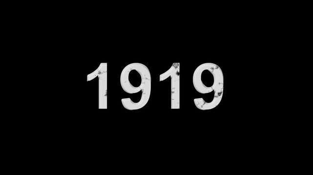 Vintage 1919 number animation on black background. Old film style historical year loop. White 1919 number text on black background. Minimal countdown or year concept animation.