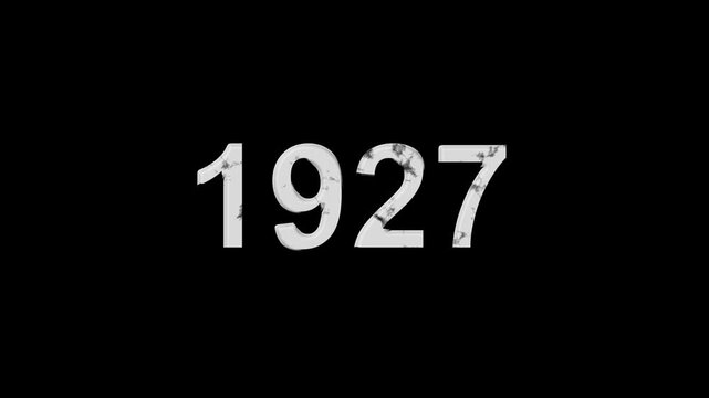 Vintage 1927 number animation on black background. Old film style historical year loop. White 1927 number text on black background. Minimal countdown or year concept animation.