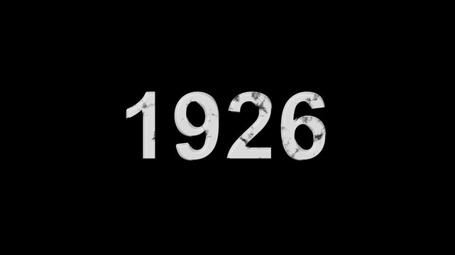 Vintage 1926 number animation on black background. Old film style historical year loop. White 1926 number text on black background. Minimal countdown or year concept animation.