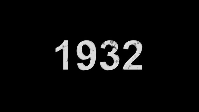 Vintage 1932 number animation on black background. Old film style historical year loop. White 1932 number text on black background. Minimal countdown or year concept animation.