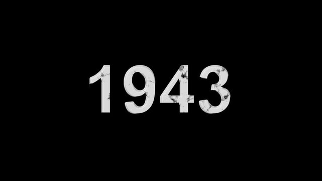 Vintage 1943 number animation on black background. Old film style historical year loop. White 1943 number text on black background. Minimal countdown or year concept animation.