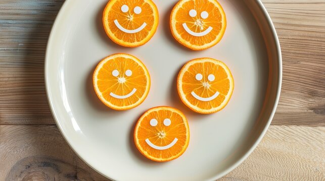 Smiling Orange Slices on Plate Playful Fruit Faces Whimsical Citrus Delight