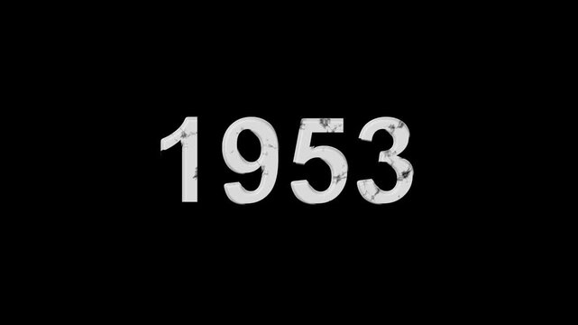 Vintage 1953 number animation on black background. Old film style historical year loop. White 1953 number text on black background. Minimal countdown or year concept animation.