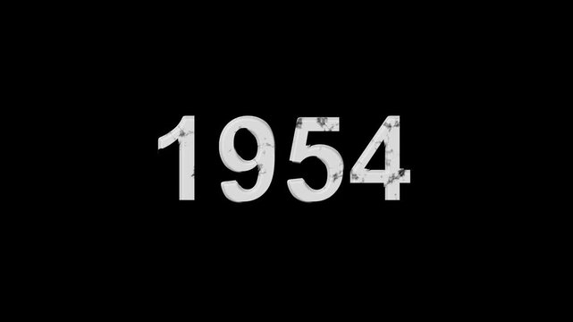 Vintage 1954 number animation on black background. Old film style historical year loop. White 1954 number text on black background. Minimal countdown or year concept animation.
